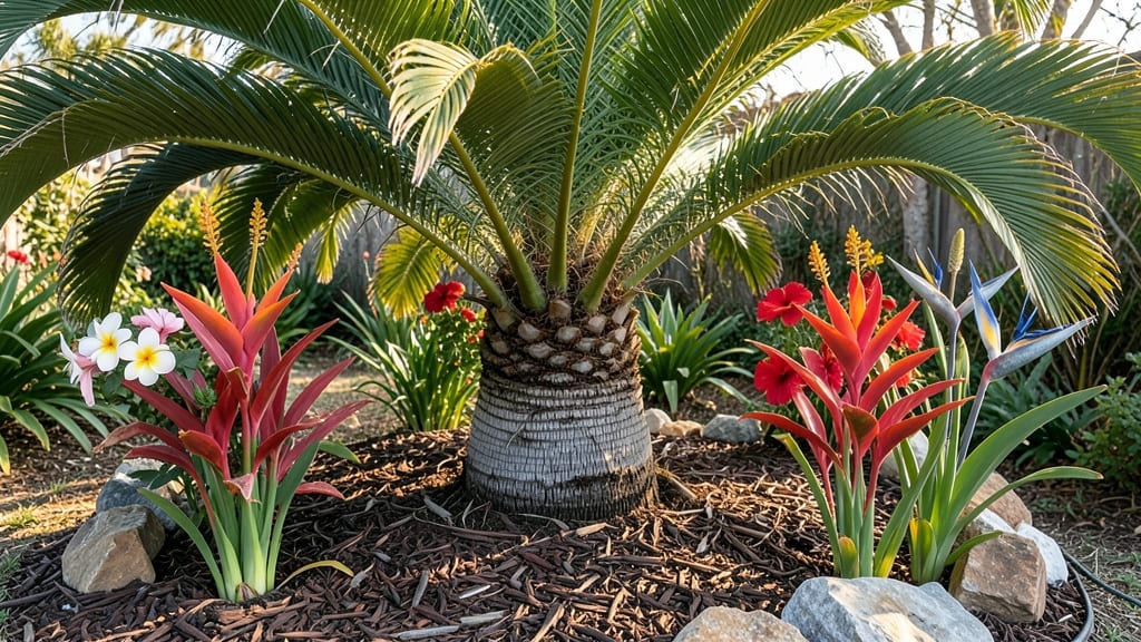 Flowers Around Palm Tree: Tropical Oasis Centerpiece With Bold Contrast