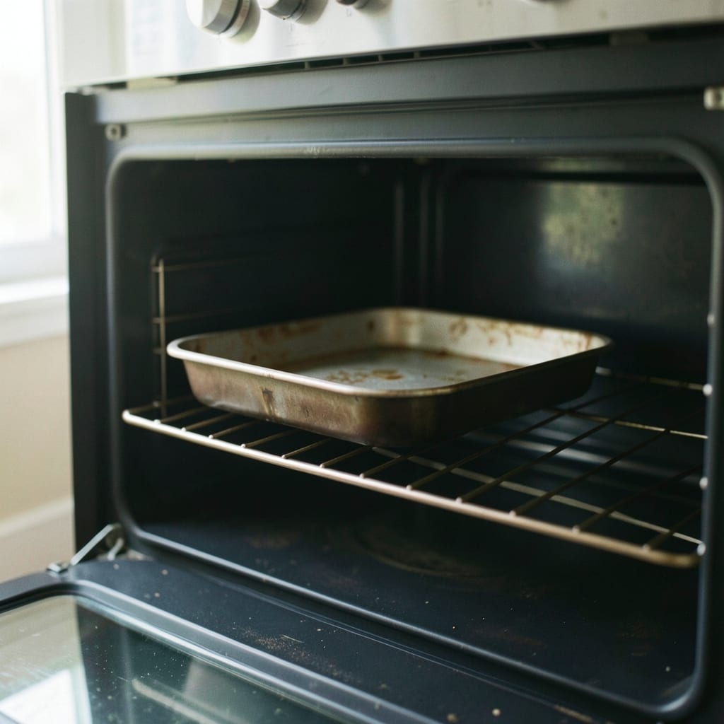 An ordinary home oven with one tin in it